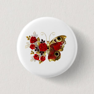 Red flower butterfly with red roses button