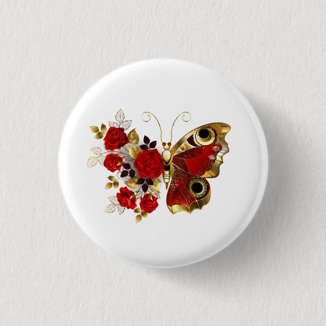 Red flower butterfly with red roses button (Front)