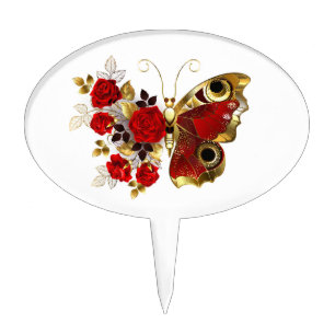 Red flower butterfly with red roses cake topper