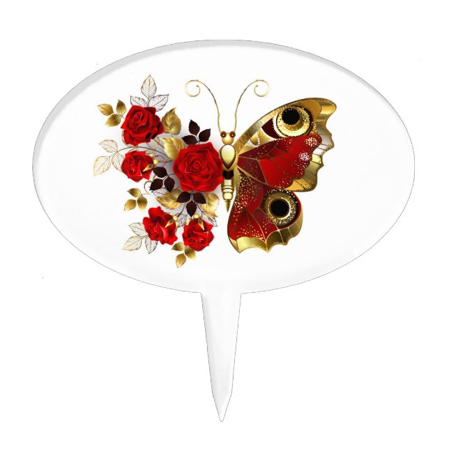 Red flower butterfly with red roses cake topper (Front)