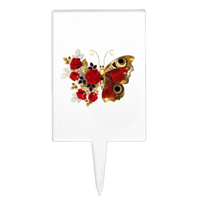 Red flower butterfly with red roses cake topper (Front)