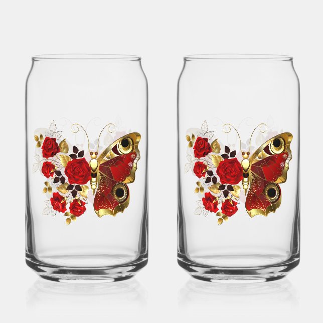 Red flower butterfly with red roses can glass (Front)