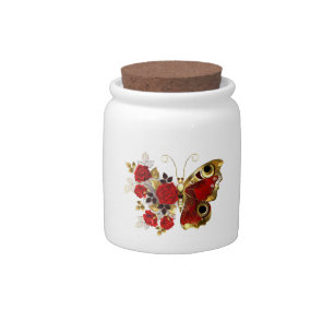 Red flower butterfly with red roses candy jar