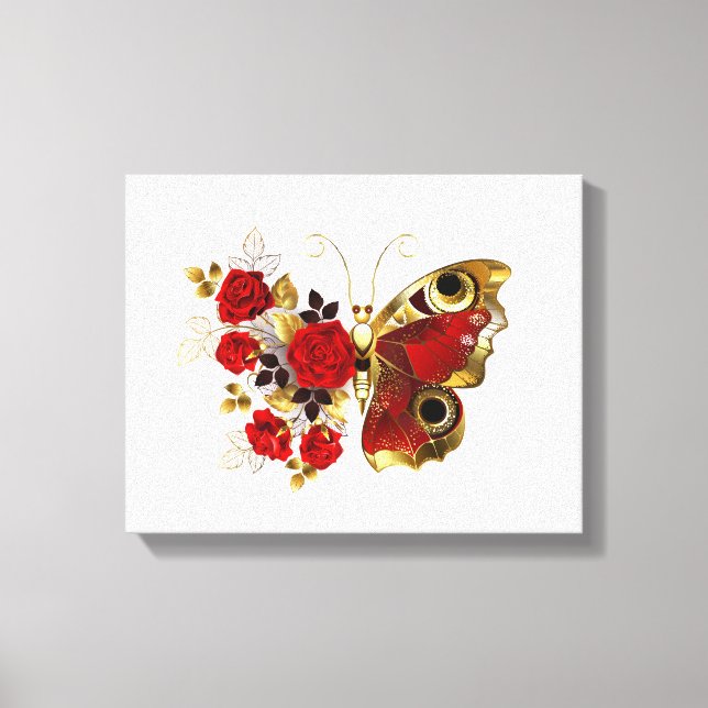 Red flower butterfly with red roses canvas print (Front)