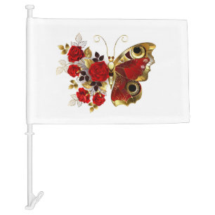 Red flower butterfly with red roses car flag