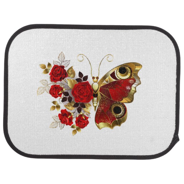 Red flower butterfly with red roses car floor mat (Rear)