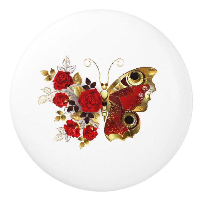 Red flower butterfly with red roses ceramic knob (Front)