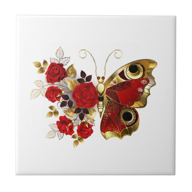 Red flower butterfly with red roses ceramic tile (Front)