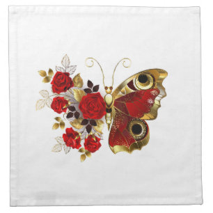 Red flower butterfly with red roses cloth napkin