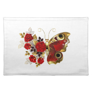Red flower butterfly with red roses cloth placemat