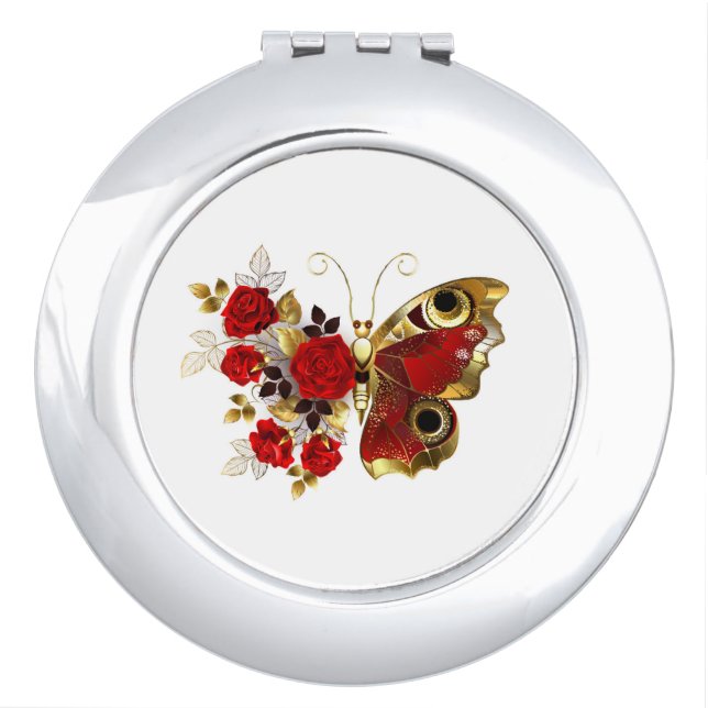 Red flower butterfly with red roses compact mirror (Front)