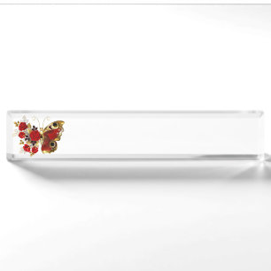 Red flower butterfly with red roses desk name plate