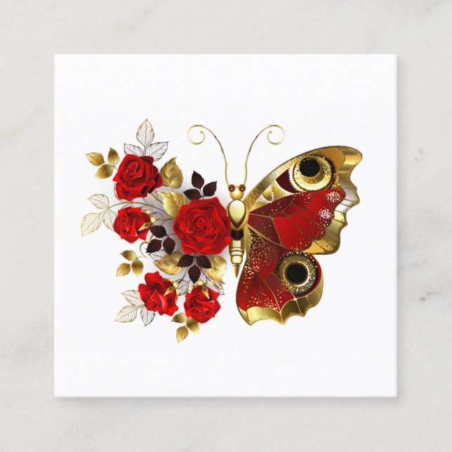 Red flower butterfly with red roses discount card (Front)