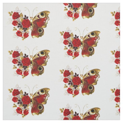 Red flower butterfly with red roses fabric