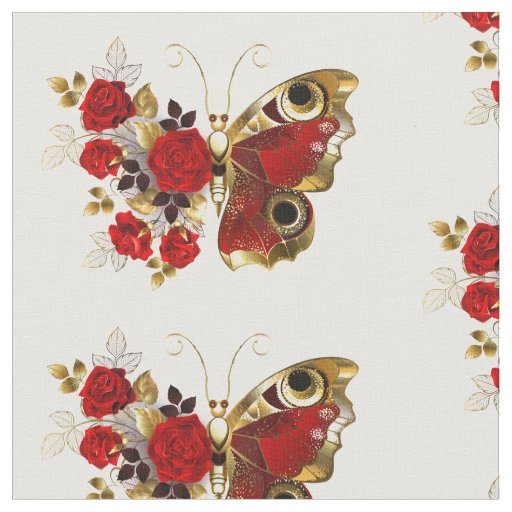 Red flower butterfly with red roses fabric
