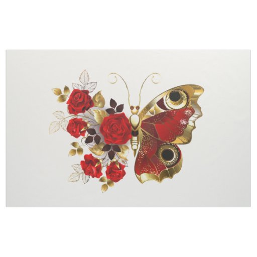 Red flower butterfly with red roses fabric