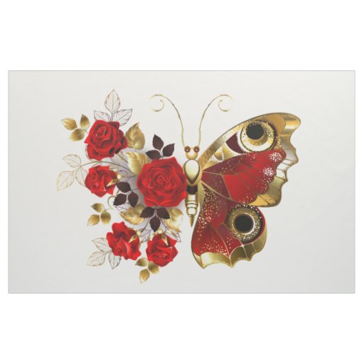 Red flower butterfly with red roses fabric