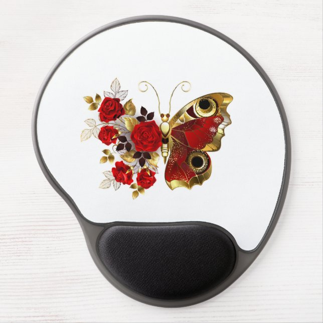 Red flower butterfly with red roses gel mouse pad (Front)