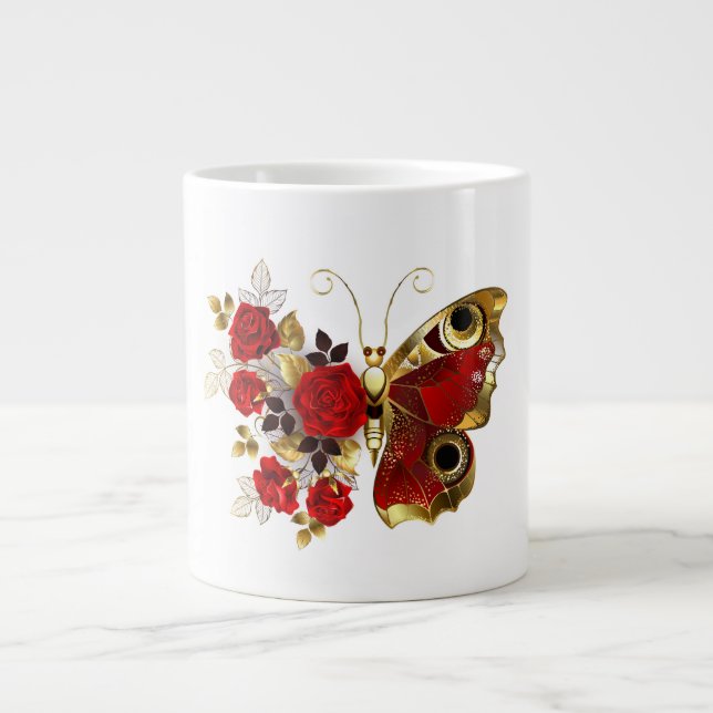 Red flower butterfly with red roses giant coffee mug (Front)