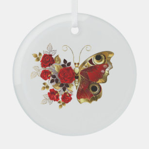 Red flower butterfly with red roses glass ornament