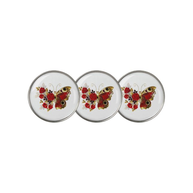 Red flower butterfly with red roses golf ball marker (3 Up)