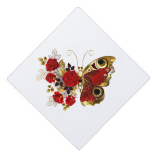 Red flower butterfly with red roses graduation cap topper