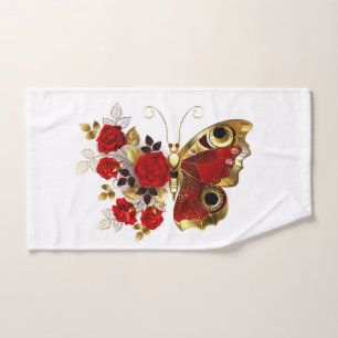 Red flower butterfly with red roses hand towel