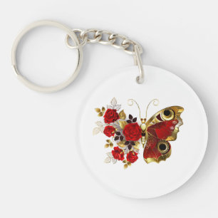 Red flower butterfly with red roses keychain