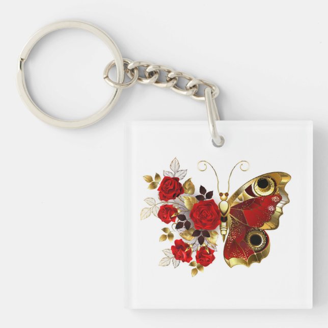 Red flower butterfly with red roses keychain (Front)