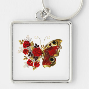Red flower butterfly with red roses keychain
