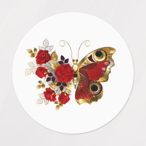 Red flower butterfly with red roses kids labels