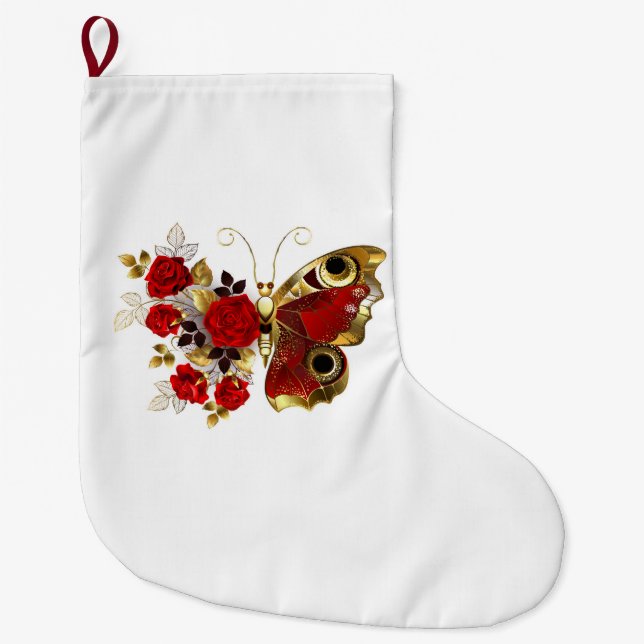 Red flower butterfly with red roses large christmas stocking (Front)