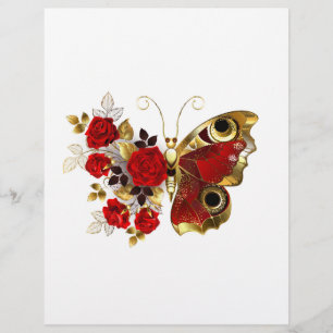 Red flower butterfly with red roses letterhead