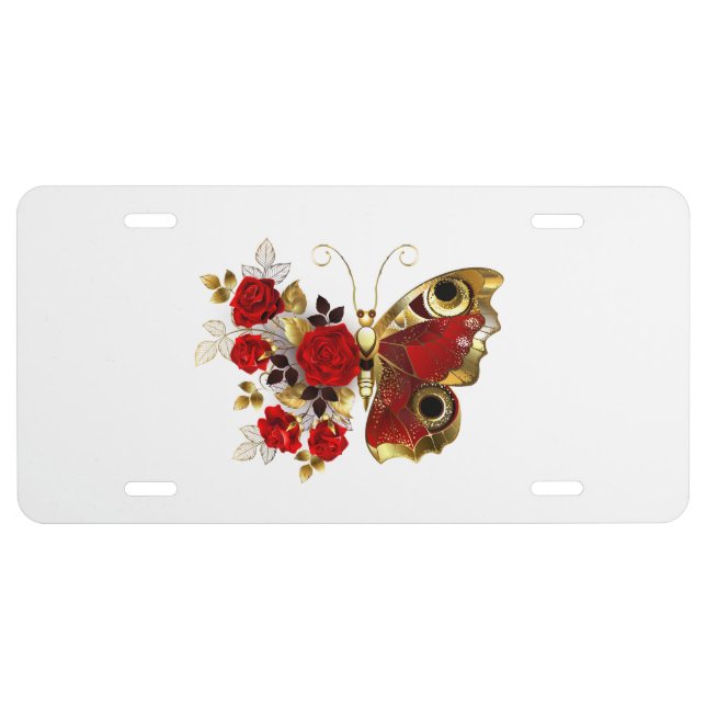 Red flower butterfly with red roses license plate (Front)
