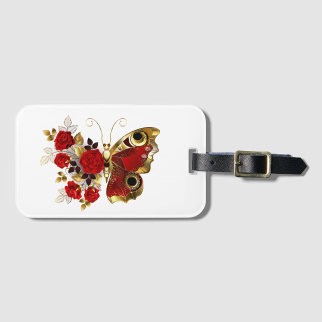 Red flower butterfly with red roses luggage tag (Front Horizontal)