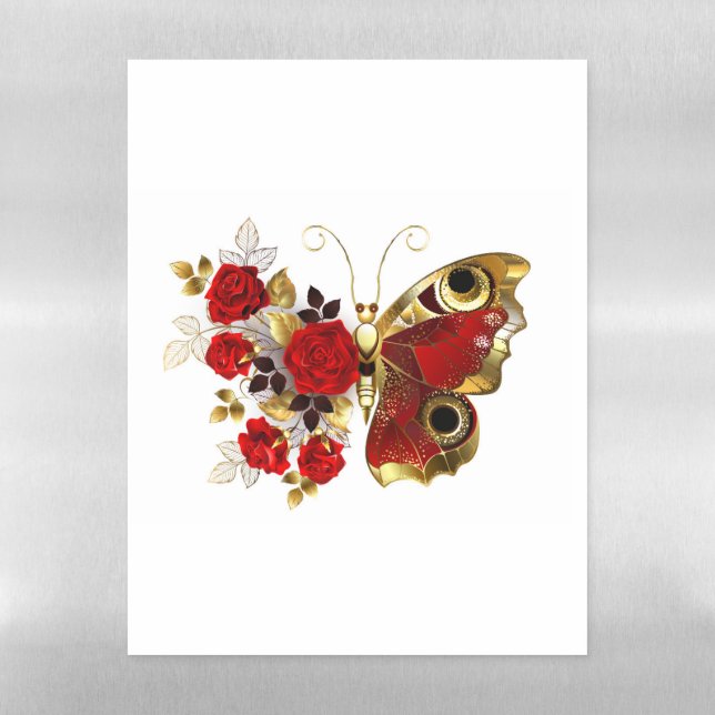 Red flower butterfly with red roses magnetic dry erase sheet (Vertical)