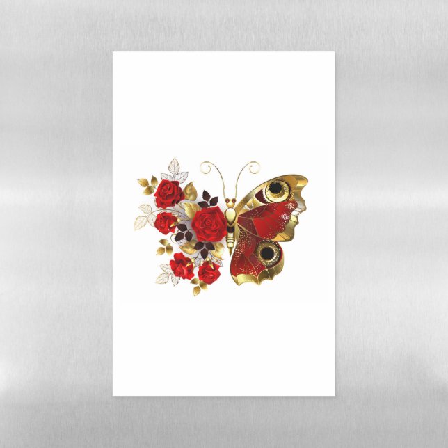 Red flower butterfly with red roses magnetic dry erase sheet (Vertical)