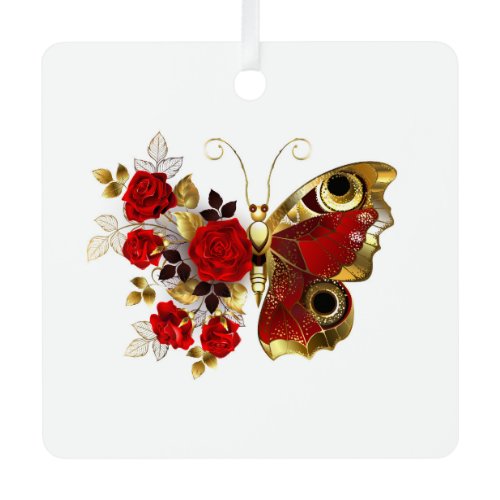 Red flower butterfly with red roses metal ornament