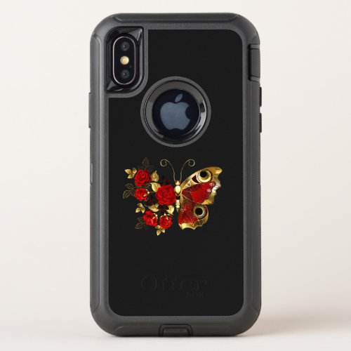 Red flower butterfly with red roses OtterBox defender iPhone x case