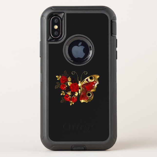 Red flower butterfly with red roses otterbox iPhone case (Back)