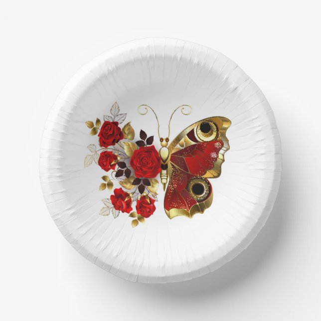 Red flower butterfly with red roses paper bowls (Front)