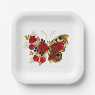 Red flower butterfly with red roses paper plates
