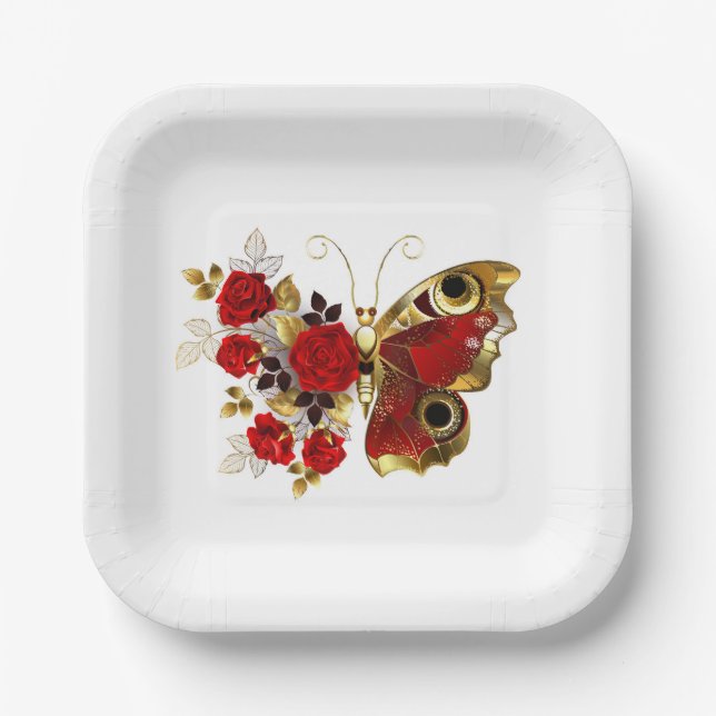 Red flower butterfly with red roses paper plates (Front)