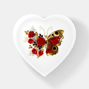 Red flower butterfly with red roses paperweight