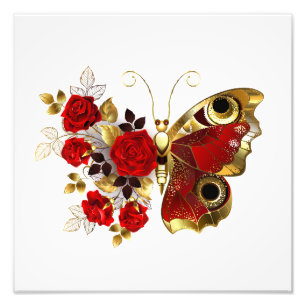 Red flower butterfly with red roses photo print