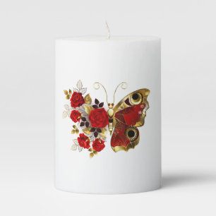 Red flower butterfly with red roses pillar candle