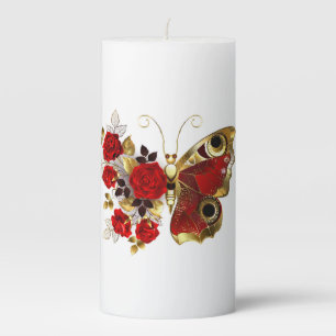 Red flower butterfly with red roses pillar candle