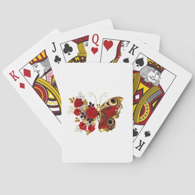 Red flower butterfly with red roses poker cards (Back)