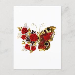 Red flower butterfly with red roses postcard