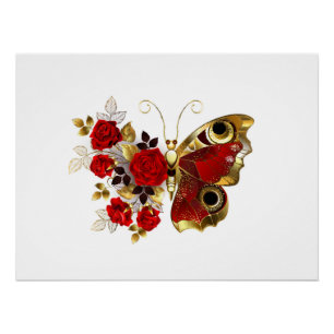 Red flower butterfly with red roses poster